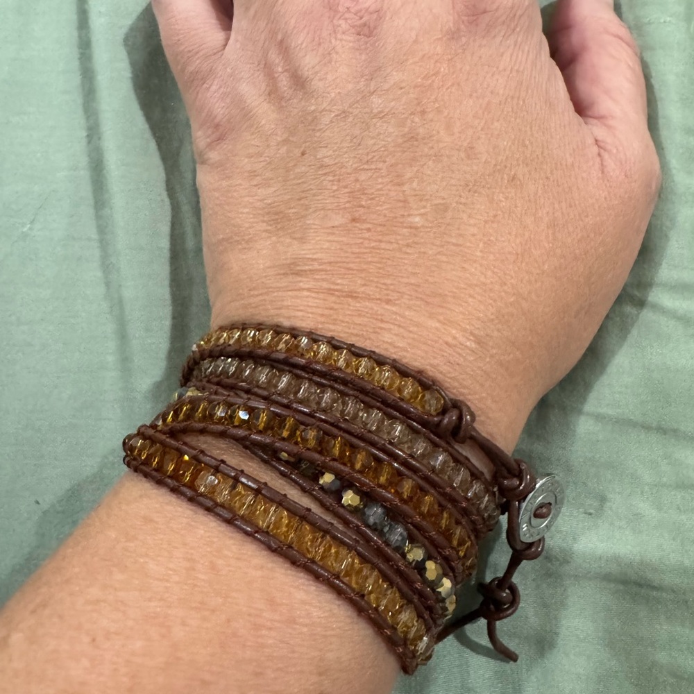 Victoria Emerson Brown Beaded and Leather Wrap Bracelet with Button Closure